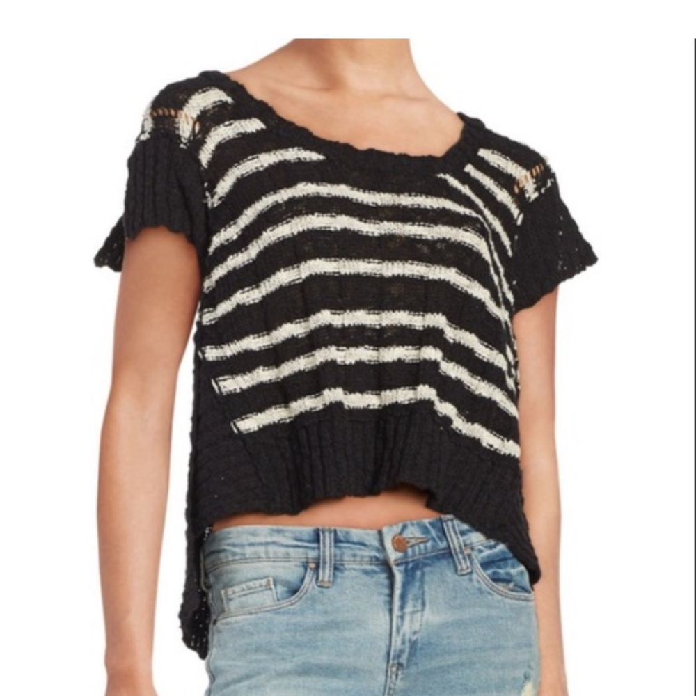 Free People Sweater Womens Small Black Striped Crop Boxy Cap Sleeve Beachy